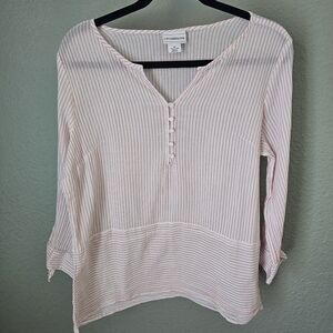 Liz Claiborne Red Striped Sheer 100% Cotton Blouse ¾ Sleeve Size M